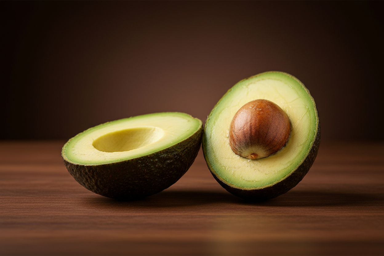 beautiful avocado cut in halfwith dark brown background 