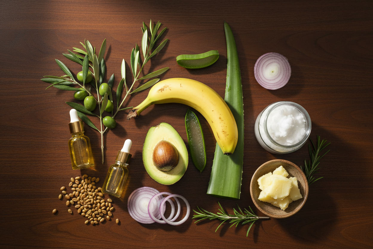 make an image with banana, aloe vera, olive, castor,jojoba,avocado, red onion, rosemary, coconut oil, shea butter, with dark brown background 
